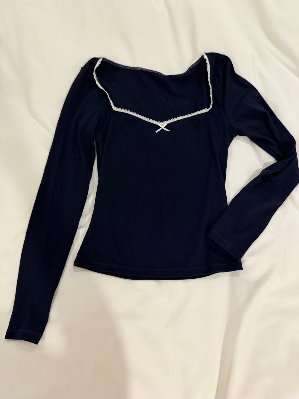 Classic Navy Long-Sleeve Square Neck Top with Lace Trim